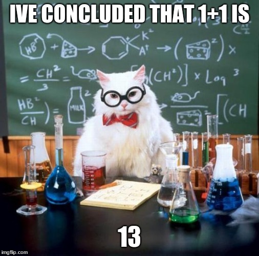Chemistry Cat | IVE CONCLUDED THAT 1+1 IS; 13 | image tagged in memes,chemistry cat | made w/ Imgflip meme maker