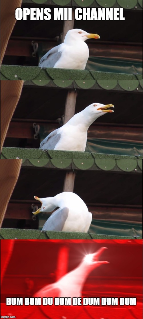 Inhaling Seagull Meme | OPENS MII CHANNEL; BUM BUM DU DUM DE DUM DUM DUM | image tagged in memes,inhaling seagull | made w/ Imgflip meme maker