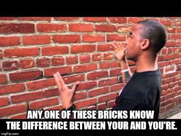 Brick wall guy | ANY ONE OF THESE BRICKS KNOW THE DIFFERENCE BETWEEN YOUR AND YOU'RE. | image tagged in brick wall guy | made w/ Imgflip meme maker