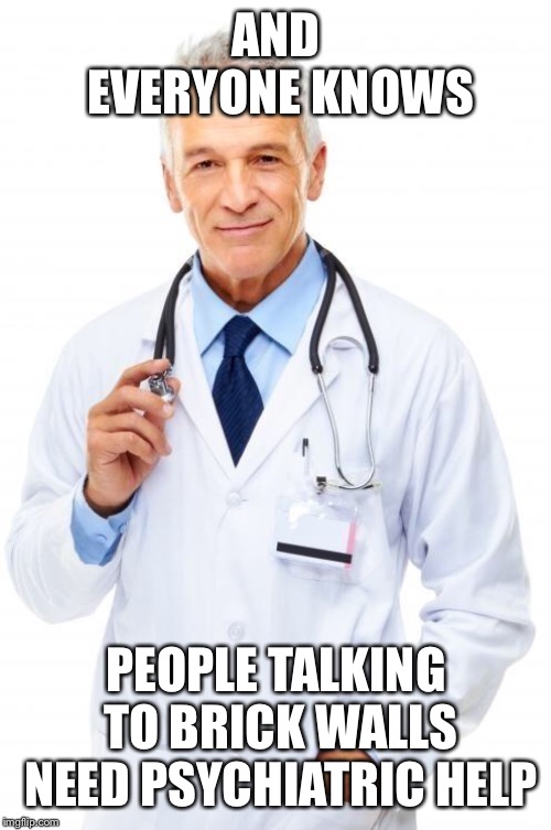 Doctor | AND EVERYONE KNOWS PEOPLE TALKING TO BRICK WALLS NEED PSYCHIATRIC HELP | image tagged in doctor | made w/ Imgflip meme maker