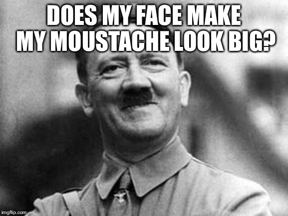 adolf hitler | DOES MY FACE MAKE MY MOUSTACHE LOOK BIG? | image tagged in adolf hitler | made w/ Imgflip meme maker