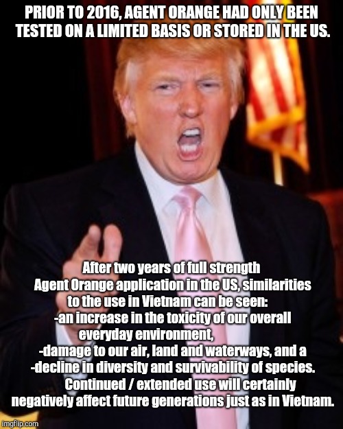 Donald Trump | PRIOR TO 2016, AGENT ORANGE HAD ONLY BEEN TESTED ON A LIMITED BASIS OR STORED IN THE US. After two years of full strength Agent Orange application in the US, similarities to the use in Vietnam can be seen:     -an increase in the toxicity of our overall everyday environment, 
                    -damage to our air, land and waterways, and a -decline in diversity and survivability of species.       Continued / extended use will certainly negatively affect future generations just as in Vietnam. | image tagged in donald trump | made w/ Imgflip meme maker