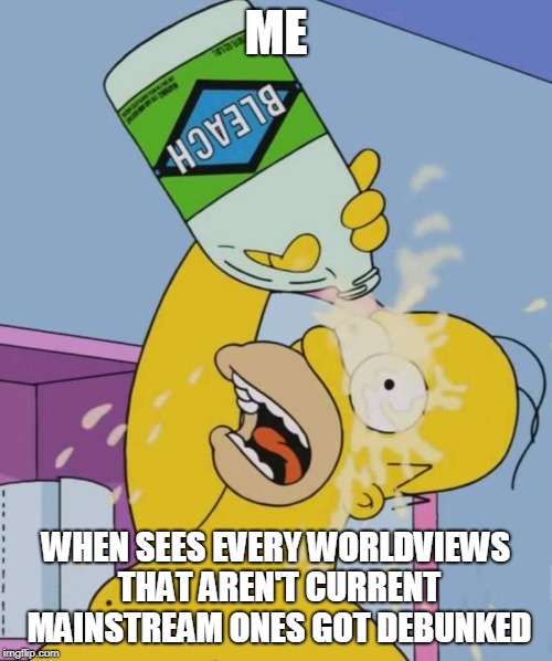 Homer with bleach | ME; WHEN SEES EVERY WORLDVIEWS THAT AREN'T CURRENT MAINSTREAM ONES GOT DEBUNKED | image tagged in homer with bleach | made w/ Imgflip meme maker