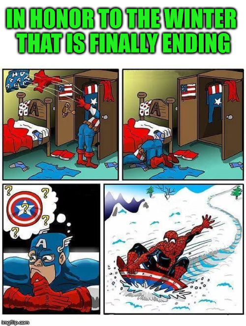 Great use of a shield | IN HONOR TO THE WINTER THAT IS FINALLY ENDING | image tagged in superheroes,captain america,spiderman | made w/ Imgflip meme maker