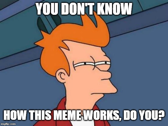 Futurama Fry Meme | YOU DON'T KNOW HOW THIS MEME WORKS, DO YOU? | image tagged in memes,futurama fry | made w/ Imgflip meme maker