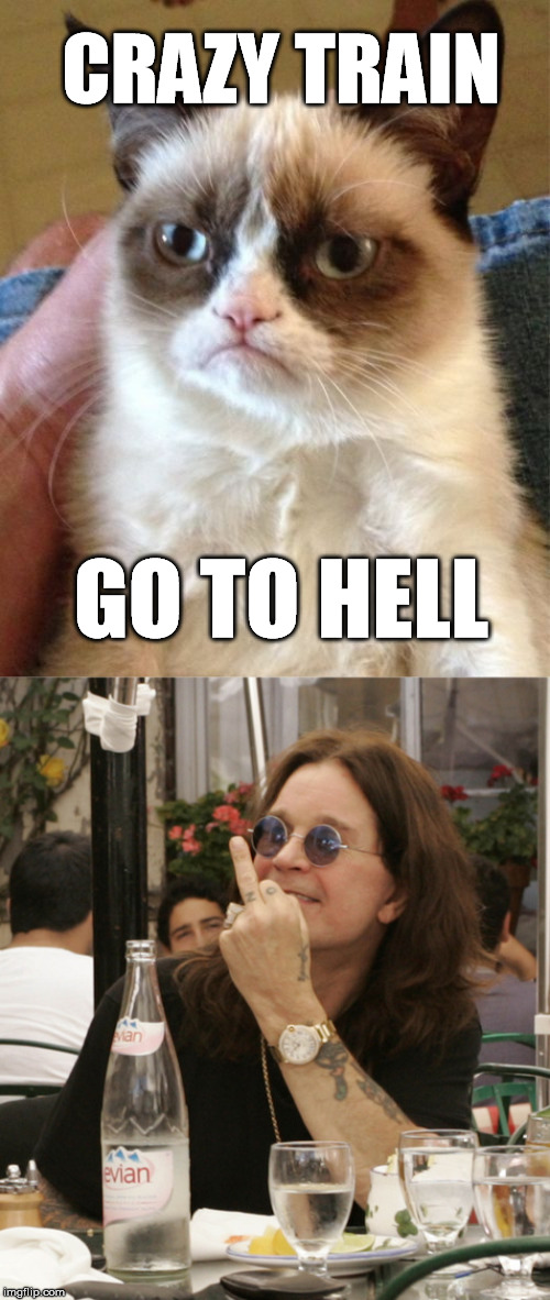 GO TO HELL CRAZY TRAIN | image tagged in memes,grumpy cat | made w/ Imgflip meme maker