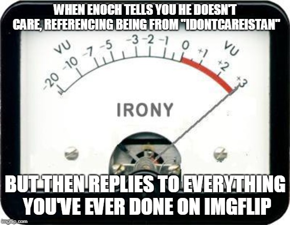 Irony Meter | WHEN ENOCH TELLS YOU HE DOESN'T CARE, REFERENCING BEING FROM "IDONTCAREISTAN"; BUT THEN REPLIES TO EVERYTHING YOU'VE EVER DONE ON IMGFLIP | image tagged in irony meter | made w/ Imgflip meme maker