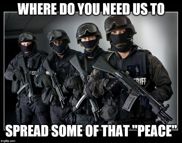 Sheriff's SWAT Team | WHERE DO YOU NEED US TO SPREAD SOME OF THAT "PEACE" | image tagged in sheriff's swat team | made w/ Imgflip meme maker