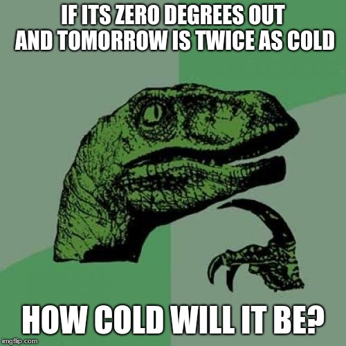 Philosoraptor | IF ITS ZERO DEGREES OUT AND TOMORROW IS TWICE AS COLD; HOW COLD WILL IT BE? | image tagged in memes,philosoraptor | made w/ Imgflip meme maker