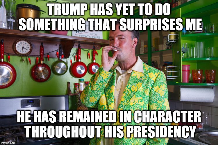 TRUMP HAS YET TO DO SOMETHING THAT SURPRISES ME HE HAS REMAINED IN CHARACTER THROUGHOUT HIS PRESIDENCY | made w/ Imgflip meme maker