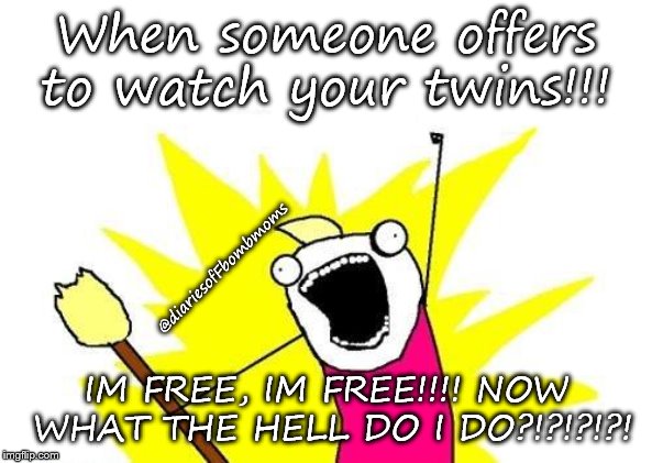 X All The Y Meme | When someone offers to watch your twins!!! @diariesofFbombmoms; IM FREE, IM FREE!!!! NOW WHAT THE HELL DO I DO?!?!?!?! | image tagged in memes,x all the y | made w/ Imgflip meme maker