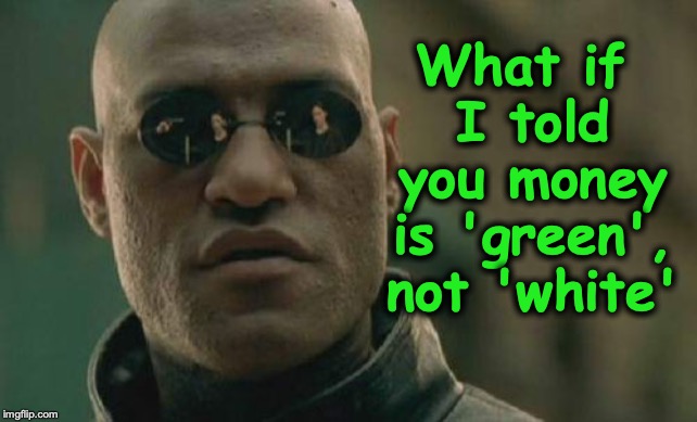 Matrix Morpheus Meme | What if I told you money is 'green', not 'white' | image tagged in memes,matrix morpheus | made w/ Imgflip meme maker