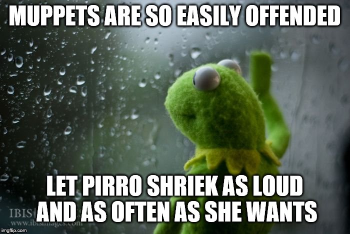 kermit window | MUPPETS ARE SO EASILY OFFENDED LET PIRRO SHRIEK AS LOUD AND AS OFTEN AS SHE WANTS | image tagged in kermit window | made w/ Imgflip meme maker