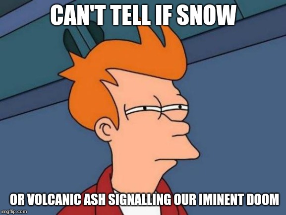 Futurama Fry Meme | CAN'T TELL IF SNOW; OR VOLCANIC ASH SIGNALLING OUR IMINENT DOOM | image tagged in memes,futurama fry | made w/ Imgflip meme maker