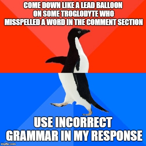 Socially Awesome Awkward Penguin Meme | COME DOWN LIKE A LEAD BALLOON ON SOME TROGLODYTE WHO MISSPELLED A WORD IN THE COMMENT SECTION; USE INCORRECT GRAMMAR IN MY RESPONSE | image tagged in memes,socially awesome awkward penguin | made w/ Imgflip meme maker