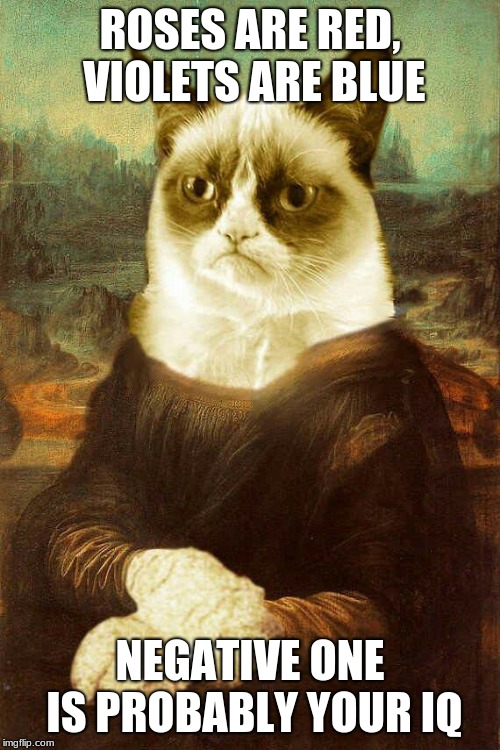 Grumpy Cat Mona Lisa | ROSES ARE RED, VIOLETS ARE BLUE; NEGATIVE ONE IS
PROBABLY YOUR IQ | image tagged in grumpy cat mona lisa | made w/ Imgflip meme maker