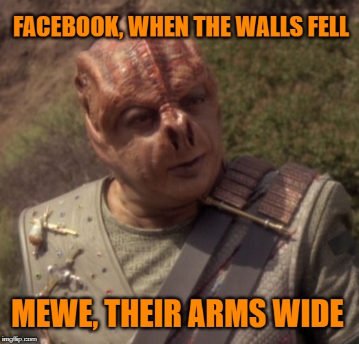 Darmok on Twitter | FACEBOOK, WHEN THE WALLS FELL; MEWE, THEIR ARMS WIDE | image tagged in darmok,facebook,memes,star trek,star trek dank | made w/ Imgflip meme maker
