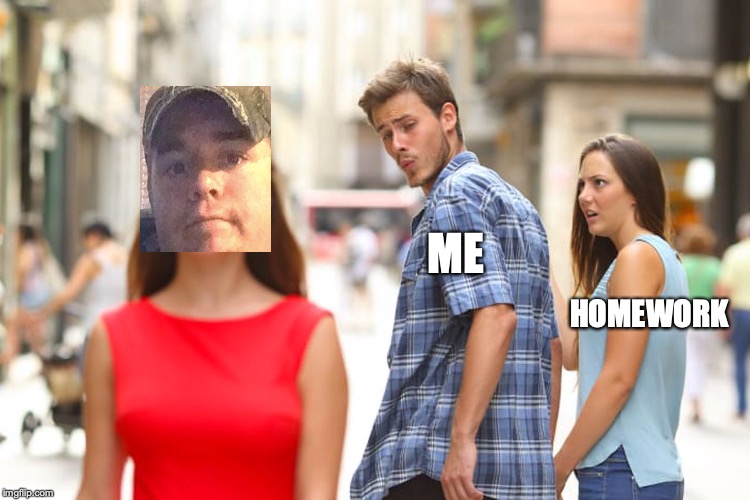 Distracted Boyfriend | ME; HOMEWORK | image tagged in memes,distracted boyfriend | made w/ Imgflip meme maker