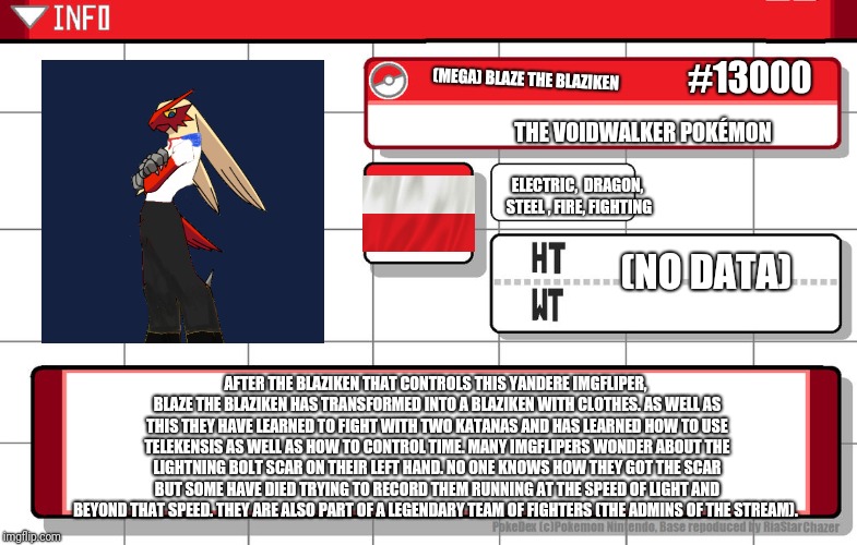 Sup everyone.  | #13000; (MEGA) BLAZE THE BLAZIKEN; THE VOIDWALKER POKÉMON; ELECTRIC,  DRAGON, STEEL , FIRE, FIGHTING; (NO DATA); AFTER THE BLAZIKEN THAT CONTROLS THIS YANDERE IMGFLIPER, BLAZE THE BLAZIKEN HAS TRANSFORMED INTO A BLAZIKEN WITH CLOTHES. AS WELL AS THIS THEY HAVE LEARNED TO FIGHT WITH TWO KATANAS AND HAS LEARNED HOW TO USE TELEKENSIS AS WELL AS HOW TO CONTROL TIME. MANY IMGFLIPERS WONDER ABOUT THE LIGHTNING BOLT SCAR ON THEIR LEFT HAND. NO ONE KNOWS HOW THEY GOT THE SCAR BUT SOME HAVE DIED TRYING TO RECORD THEM RUNNING AT THE SPEED OF LIGHT AND BEYOND THAT SPEED. THEY ARE ALSO PART OF A LEGENDARY TEAM OF FIGHTERS (THE ADMINS OF THE STREAM). | image tagged in imgflip username pokedex | made w/ Imgflip meme maker