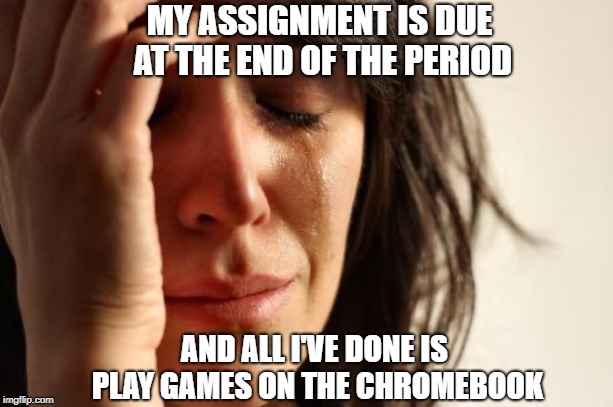 First World Problems | MY ASSIGNMENT IS DUE AT THE END OF THE PERIOD; AND ALL I'VE DONE IS PLAY GAMES ON THE CHROMEBOOK | image tagged in memes,first world problems | made w/ Imgflip meme maker