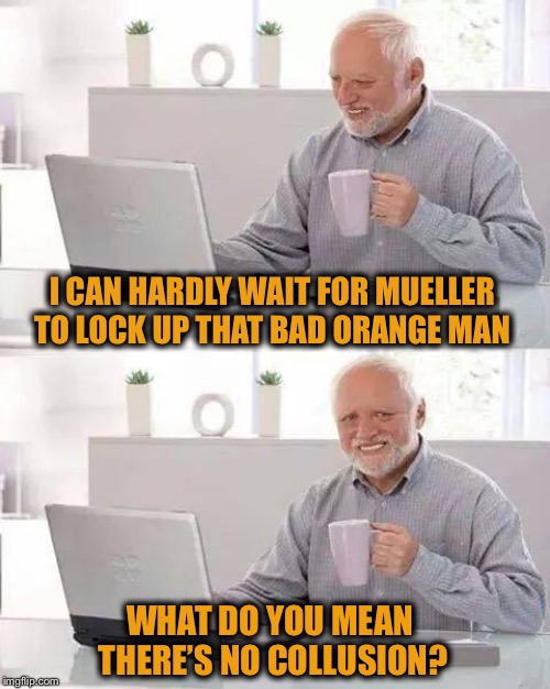 When you hero worship... | I CAN HARDLY WAIT FOR MUELLER TO LOCK UP THAT BAD ORANGE MAN; WHAT DO YOU MEAN THERE’S NO COLLUSION? | image tagged in memes,hide the pain harold,trump,robert mueller,collusion | made w/ Imgflip meme maker
