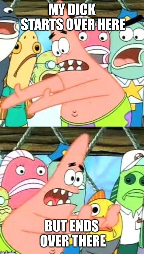 Put It Somewhere Else Patrick Meme | MY DICK STARTS OVER HERE; BUT ENDS OVER THERE | image tagged in memes,put it somewhere else patrick | made w/ Imgflip meme maker