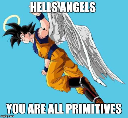 angel goku | HELLS ANGELS; YOU ARE ALL PRIMITIVES | image tagged in angel goku | made w/ Imgflip meme maker