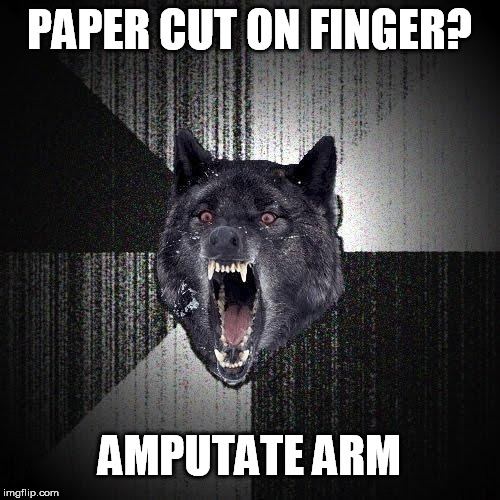 Insanity Wolf | PAPER CUT ON FINGER? AMPUTATE ARM | image tagged in memes,insanity wolf | made w/ Imgflip meme maker