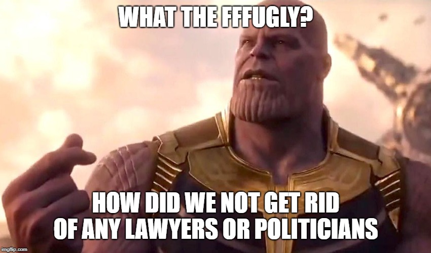 thanos snap | WHAT THE FFFUGLY? HOW DID WE NOT GET RID OF ANY LAWYERS OR POLITICIANS | image tagged in thanos snap | made w/ Imgflip meme maker