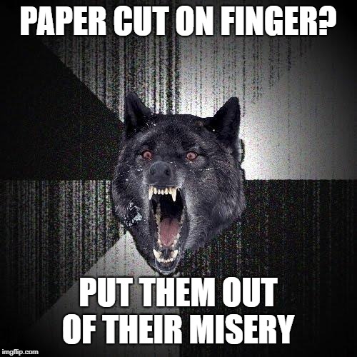 Insanity Wolf Meme | PAPER CUT ON FINGER? PUT THEM OUT OF THEIR MISERY | image tagged in memes,insanity wolf | made w/ Imgflip meme maker
