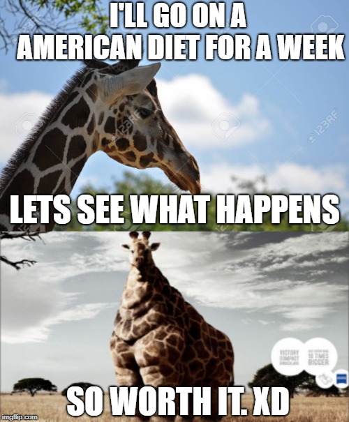 The food here in da states... | I'LL GO ON A AMERICAN DIET FOR A WEEK; LETS SEE WHAT HAPPENS; SO WORTH IT. XD | image tagged in funny memes,animals | made w/ Imgflip meme maker
