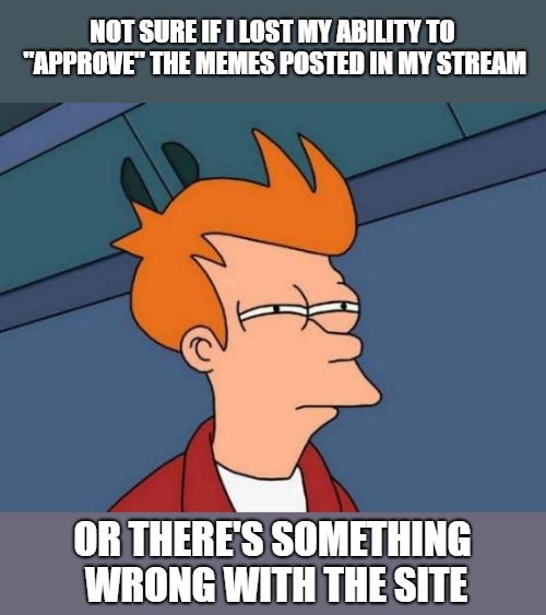 Does anyone know if this is happening to them and their stream, or if there's something wrong with my stream? | NOT SURE IF I LOST MY ABILITY TO "APPROVE" THE MEMES POSTED IN MY STREAM; OR THERE'S SOMETHING WRONG WITH THE SITE | image tagged in memes,futurama fry,meme stream | made w/ Imgflip meme maker