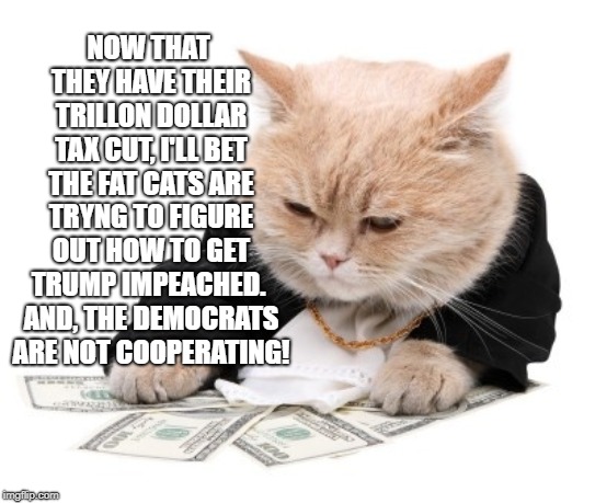 fat cat | NOW THAT THEY HAVE THEIR TRILLON DOLLAR TAX CUT, I'LL BET THE FAT CATS ARE TRYNG TO FIGURE OUT HOW TO GET TRUMP IMPEACHED.  AND, THE DEMOCRATS ARE NOT COOPERATING! | image tagged in fat cat | made w/ Imgflip meme maker