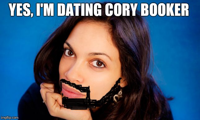 "I am Spartacus' girlfriend... now please don't crucify me" | YES, I'M DATING CORY BOOKER | image tagged in rosario,cory booker,beard,homosexual | made w/ Imgflip meme maker