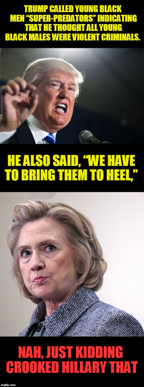 RACIST | TRUMP CALLED YOUNG BLACK MEN “SUPER-PREDATORS” INDICATING THAT HE THOUGHT ALL YOUNG BLACK MALES WERE VIOLENT CRIMINALS. HE ALSO SAID, “WE HAVE TO BRING THEM TO HEEL,”; NAH, JUST KIDDING CROOKED HILLARY THAT | image tagged in donald trump,hillary clinton pissed,racist,liberal hypocrisy | made w/ Imgflip meme maker