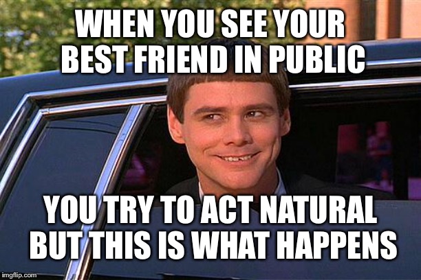 cool and stupid | WHEN YOU SEE YOUR BEST FRIEND IN PUBLIC; YOU TRY TO ACT NATURAL BUT THIS IS WHAT HAPPENS | image tagged in cool and stupid | made w/ Imgflip meme maker