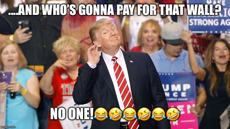 The Wall | ....AND WHO’S GONNA PAY FOR THAT WALL? NO ONE!😂🤣😂🤣😂🤣 | image tagged in donald trump,the wall,veto,emergency funding,lol,egg on your face | made w/ Imgflip meme maker