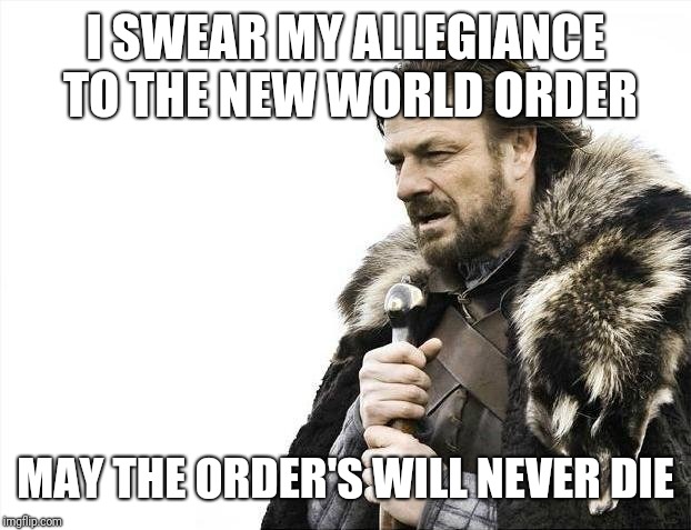 Brace Yourselves X is Coming | I SWEAR MY ALLEGIANCE TO THE NEW WORLD ORDER; MAY THE ORDER'S WILL NEVER DIE | image tagged in memes,brace yourselves x is coming | made w/ Imgflip meme maker