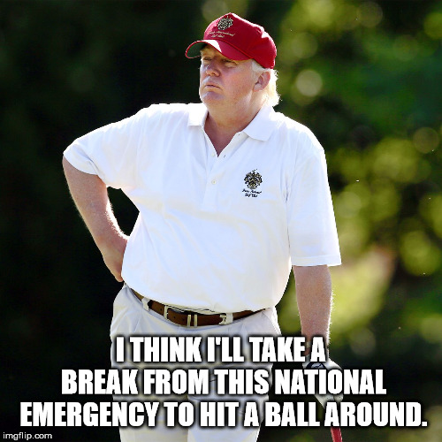 Trump golf relax | I THINK I'LL TAKE A BREAK FROM THIS NATIONAL EMERGENCY TO HIT A BALL AROUND. | image tagged in trump golf relax | made w/ Imgflip meme maker