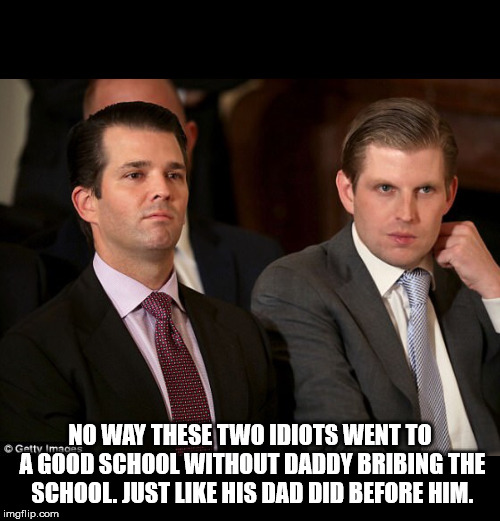 Donald Jr. and Eric Trump | NO WAY THESE TWO IDIOTS WENT TO A GOOD SCHOOL WITHOUT DADDY BRIBING THE SCHOOL. JUST LIKE HIS DAD DID BEFORE HIM. | image tagged in donald jr and eric trump | made w/ Imgflip meme maker