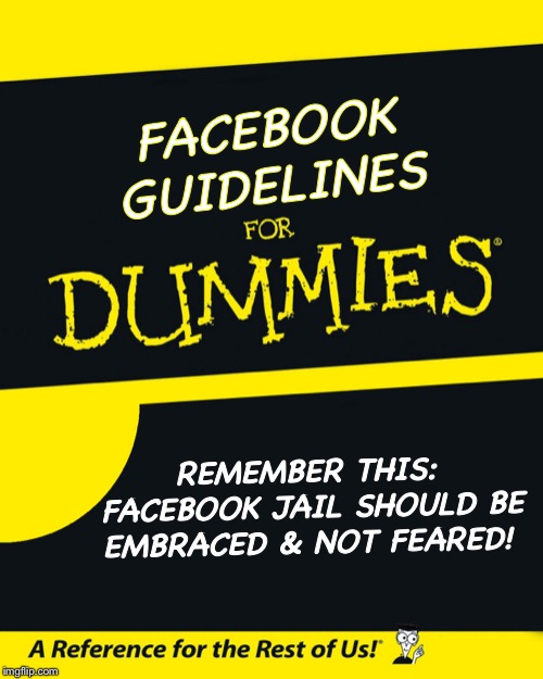 For Dummies | FACEBOOK GUIDELINES; REMEMBER THIS: FACEBOOK JAIL SHOULD BE EMBRACED & NOT FEARED! | image tagged in for dummies | made w/ Imgflip meme maker