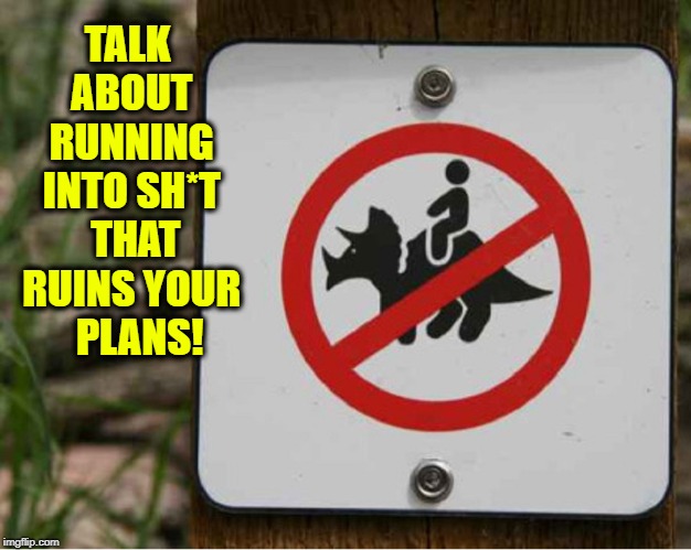 Just When You Thought it was Safe 
to Ride your Triceratops  | TALK ABOUT RUNNING INTO SH*T  THAT RUINS YOUR   PLANS! | image tagged in vince vance,warning signs,triceratops,riding a dinosaur,ruining your plans,dinosaurs | made w/ Imgflip meme maker