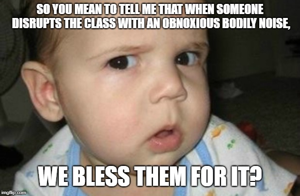SO YOU MEAN TO TELL ME THAT WHEN SOMEONE DISRUPTS THE CLASS WITH AN OBNOXIOUS BODILY NOISE, WE BLESS THEM FOR IT? | image tagged in skeptical baby | made w/ Imgflip meme maker