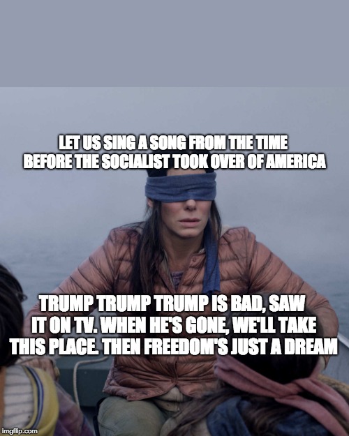 Another Day in Socialist Utopia | LET US SING A SONG FROM THE TIME BEFORE THE SOCIALIST TOOK OVER OF AMERICA; TRUMP TRUMP TRUMP IS BAD, SAW IT ON TV. WHEN HE'S GONE, WE'LL TAKE THIS PLACE. THEN FREEDOM'S JUST A DREAM | image tagged in memes,bird box,communist socialist,dnc,maga,trump 2020 | made w/ Imgflip meme maker