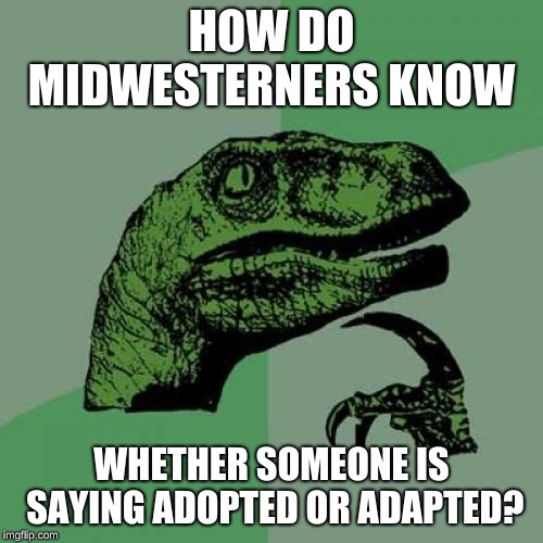 Philosoraptor Meme | HOW DO MIDWESTERNERS KNOW; WHETHER SOMEONE IS SAYING ADOPTED OR ADAPTED? | image tagged in memes,philosoraptor,AdviceAnimals | made w/ Imgflip meme maker