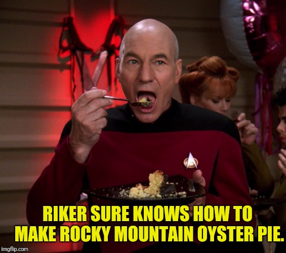 Rocky Mountain Way | RIKER SURE KNOWS HOW TO MAKE ROCKY MOUNTAIN OYSTER PIE. | image tagged in star trek the next generation,captain picard,picard,rocky,mountain,pie | made w/ Imgflip meme maker