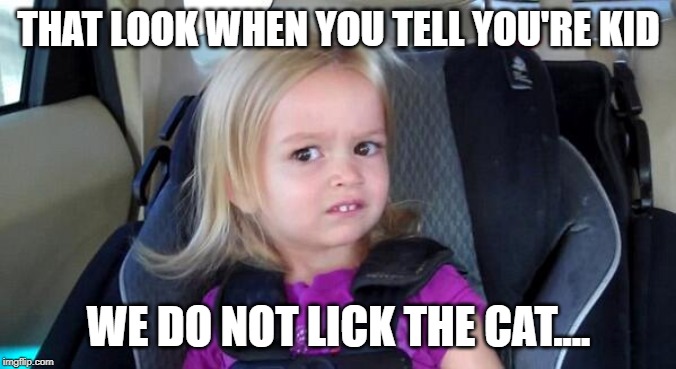 That Look When | THAT LOOK WHEN YOU TELL YOU'RE KID; WE DO NOT LICK THE CAT.... | image tagged in that look when | made w/ Imgflip meme maker