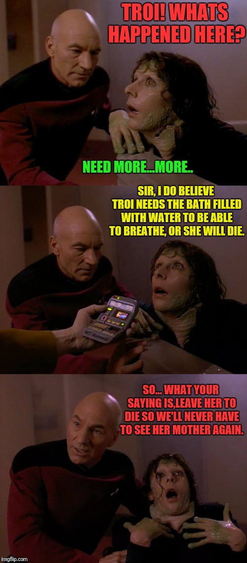 I Would,Would You? | TROI! WHATS HAPPENED HERE? NEED MORE...MORE.. SIR, I DO BELIEVE TROI NEEDS THE BATH FILLED WITH WATER TO BE ABLE TO BREATHE, OR SHE WILL DIE. SO... WHAT YOUR SAYING IS,LEAVE HER TO DIE SO WE'LL NEVER HAVE TO SEE HER MOTHER AGAIN. | image tagged in star trek the next generation,picard,star trek data,deanna troi,captain picard,data | made w/ Imgflip meme maker