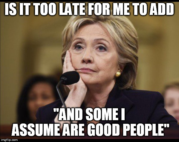 Bored Hillary | IS IT TOO LATE FOR ME TO ADD "AND SOME I ASSUME ARE GOOD PEOPLE" | image tagged in bored hillary | made w/ Imgflip meme maker