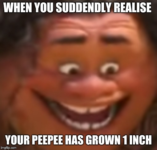 Mauion crack | WHEN YOU SUDDENDLY REALISE; YOUR PEEPEE HAS GROWN 1 INCH | image tagged in moana,crack,memes | made w/ Imgflip meme maker